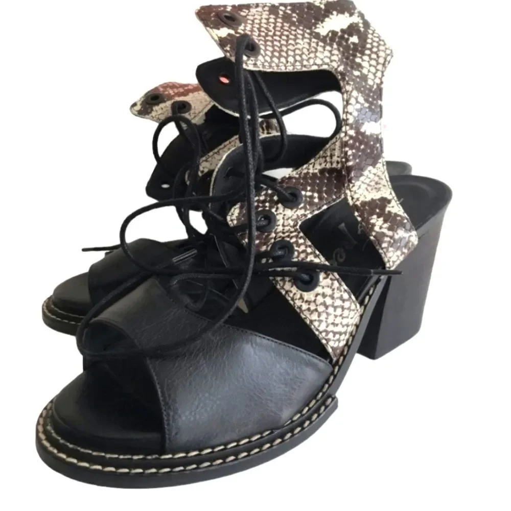 Free People Snake Print Lennon Leather Sandal Block Heel Lace Up Cutout 39